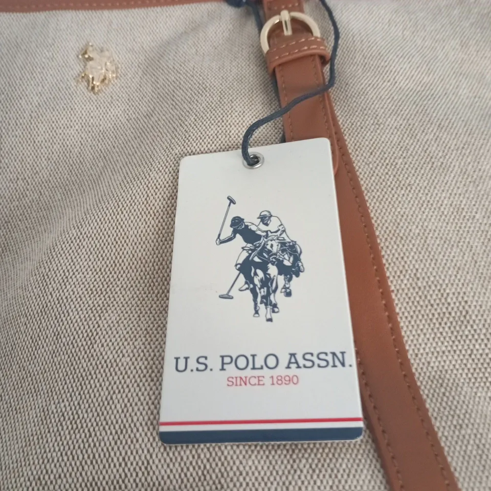 U.S. POLO ASSN. TOTE BAG – CANVAS & LEATHER TRIM, BEIGE/BROWN 