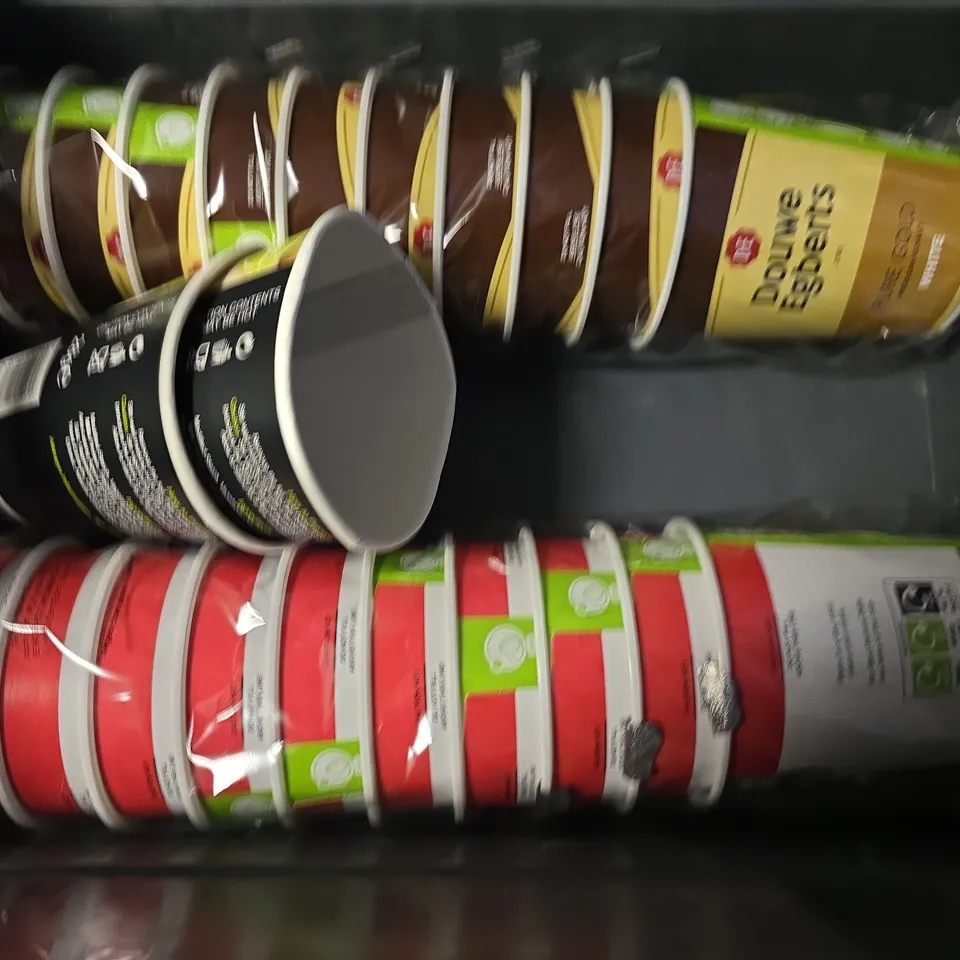 APPROXIMATELY 14 ASSORTED FOOD ITEMS TO INCLUDE -HOT CHOCOLATE , VEGETABLE SOUP , DOUBLE EGBERTS ETC