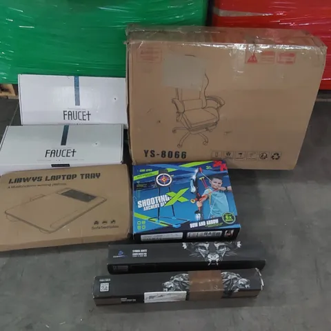 PALLET OF ASSORTED CONSUMER PRODUCTS TO INCLUDE: OFFICE CHAIR, KITCHEN FAUCETS, LAPTOP TRAY, TOY ARCHERY SET, GAMING MOUSE PADS ECT