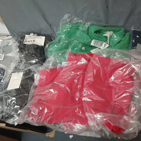 BOX OF APPROXIMATELY 10 ASSORTED BAGGED PIECES OF CLOTHING IN VARIOUS STYLES, SIZES, AND BRANDS 