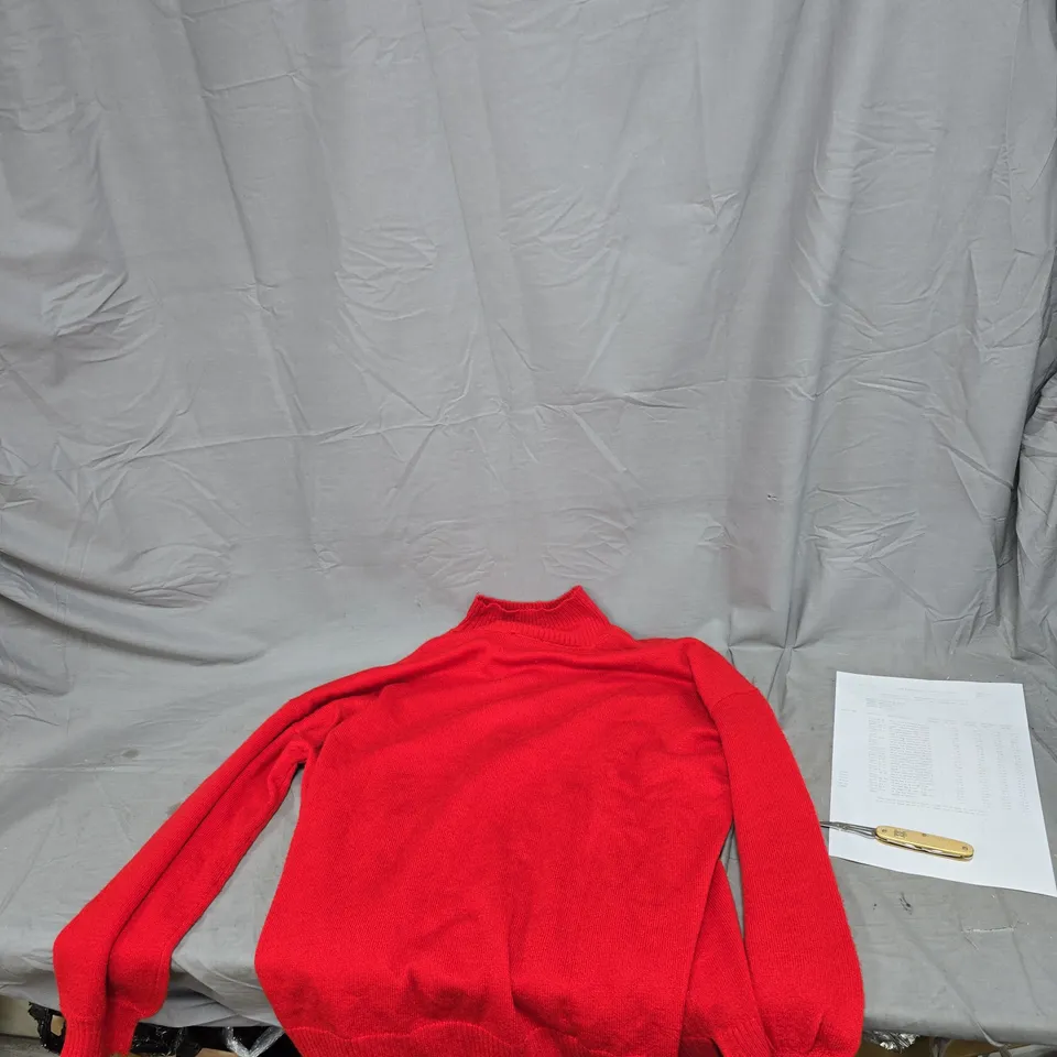 BOX OF APPROXIMATELY 25 ITEMS OF CLOTHING TO INCLUDE: BLACK TURTLENECK, BLACK STRETCH DENIM JACKET AND RED TURTLENECK