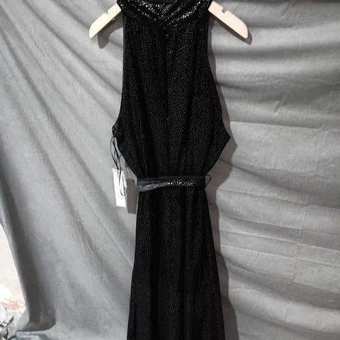 BLACK SEQUIN-EMBELLISHED HALTER-NECK DRESS WITH WAIST BELT SIZE 20