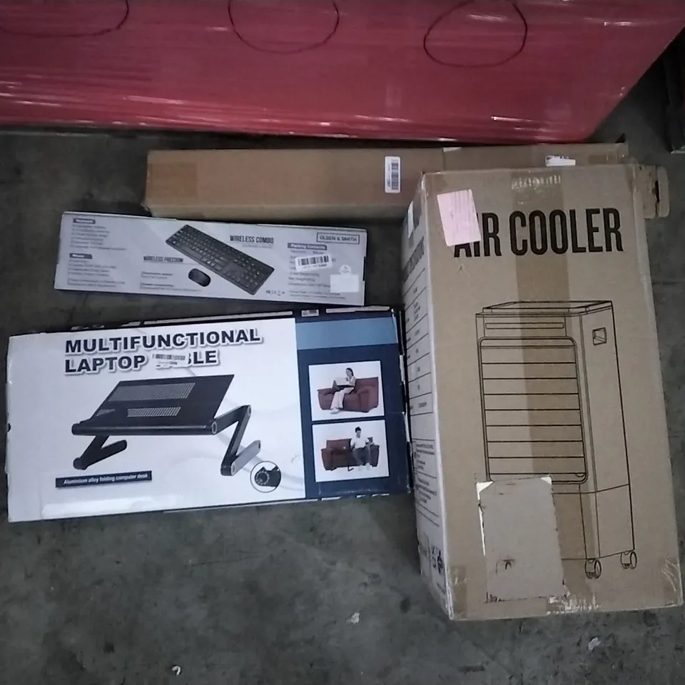 PALLET OF ASSORTED ITEMS INCLUDING AIR COOLER, MULTIFUNCTIONAL LAPTOP TABLE, NULEA ERGONOMIC KEYBOARD, OLSEN & SMITH WIRELESS COMBO, IGNITE SCOOTER, TELESCOPIC FISHING ROD 