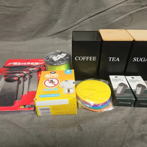 TOTE OF APPROXIMATELY 10 ASSORTED HOUSEHOLD ITEMS TO INCLUE DOOR ALARMS, DRINK CANISTERS AND FILLER APPLICATOR SET