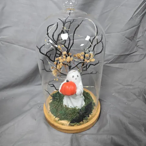 HALLOWEEN CLOCHE WITH GHOST SCENE UNDER GLASS DOME ON WOOD BASE