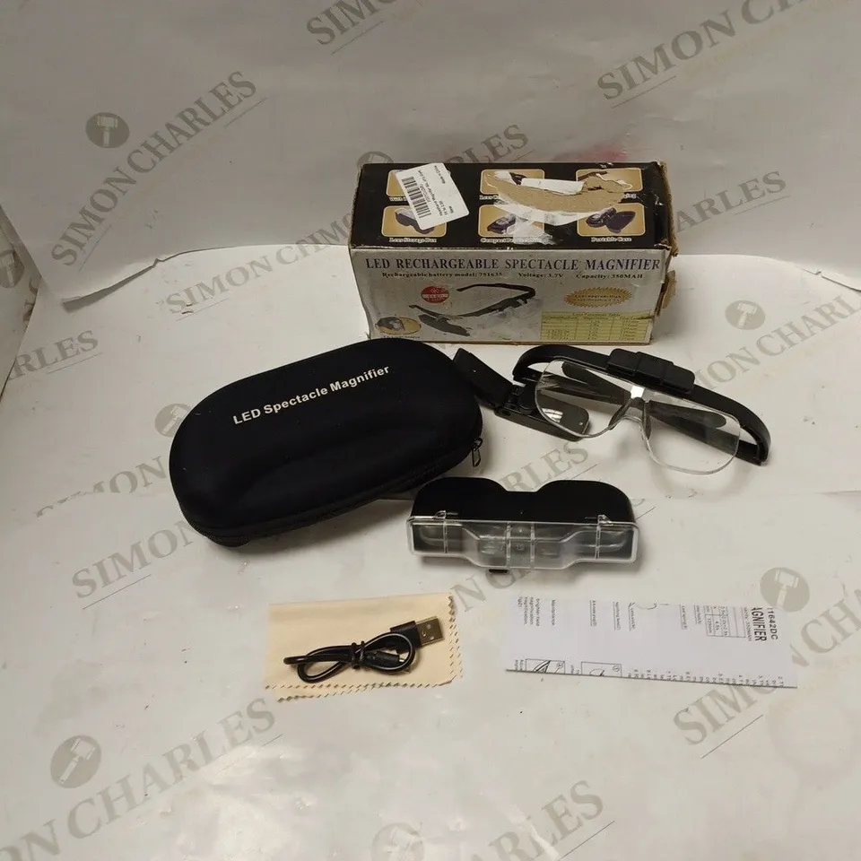 BOXED LED RECHARGEABLE SPECTACLE MAGNIFIER WITH CASE, INSTRUCTIONS, USB CABLE AND CLEANING CLOTH