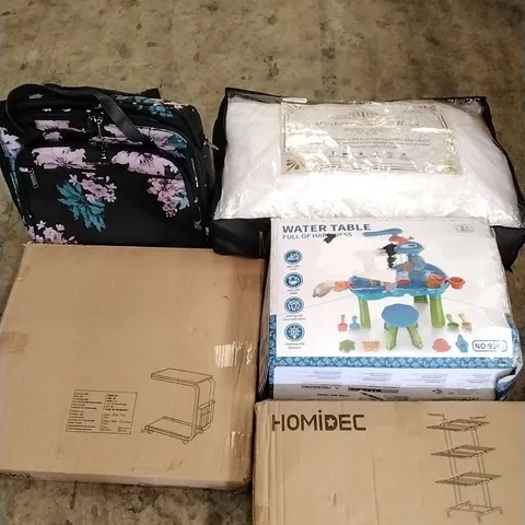 A PALLET OF VARIOUS ITEMS TO INCLUDE. CLOTHES AIRER, LAPTOP DESK, HANDBAG, KIDS WATER TABLE AND PILLOWS