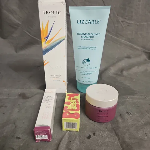 LOT OF APPROX 5 ASSORTED COSMETIC PRODUCTS TO INCLUDE - BIOSSANCE PRO-PEPTIDE LIP PERFECTOR - TROPIC VELVET BALM BODY MASK - LIZ EARLE BOTANICAL SHINE SHAMPOO - ETC