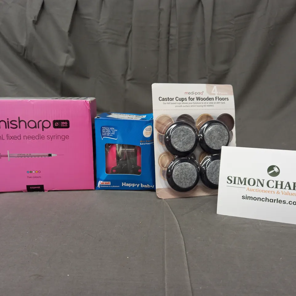 BOX OF APPROXIMATELY 20 ASSORTED HOUSEHOLD ITEMS TO INCLUDE HAPPY BABY EARMUFFS, CASTOR CUPS, ETC