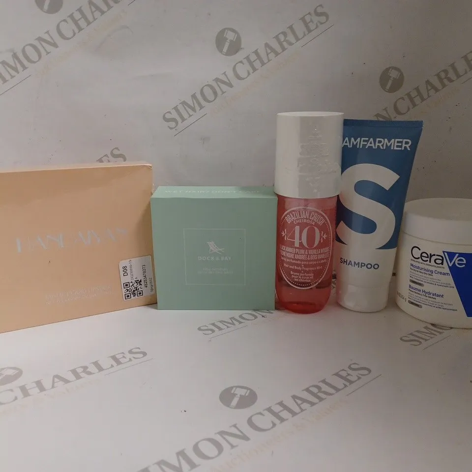 FIVE ASSORTED HEALTH AND BEAUTY PRODUCTS TO INCLUDE BRAZILIAN CRUSH CHEIROSA HAIR AND BODY FRAGRANCE MIST, HANDAIYAN MATTE LIQUID LIPSTIC, SAMFARMER SHAMPOO