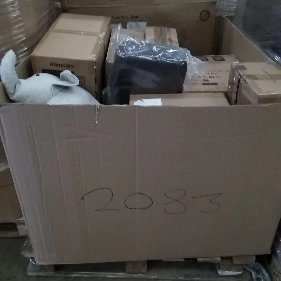 PALLET OF ASSORTED ITEMS INCLUDING ACCENT LAZY SOFA CHAIR, STOOL, FOOT STOOLS, BABIFY BABY CHAIR, ROLLING STOOL, SALON STOOL