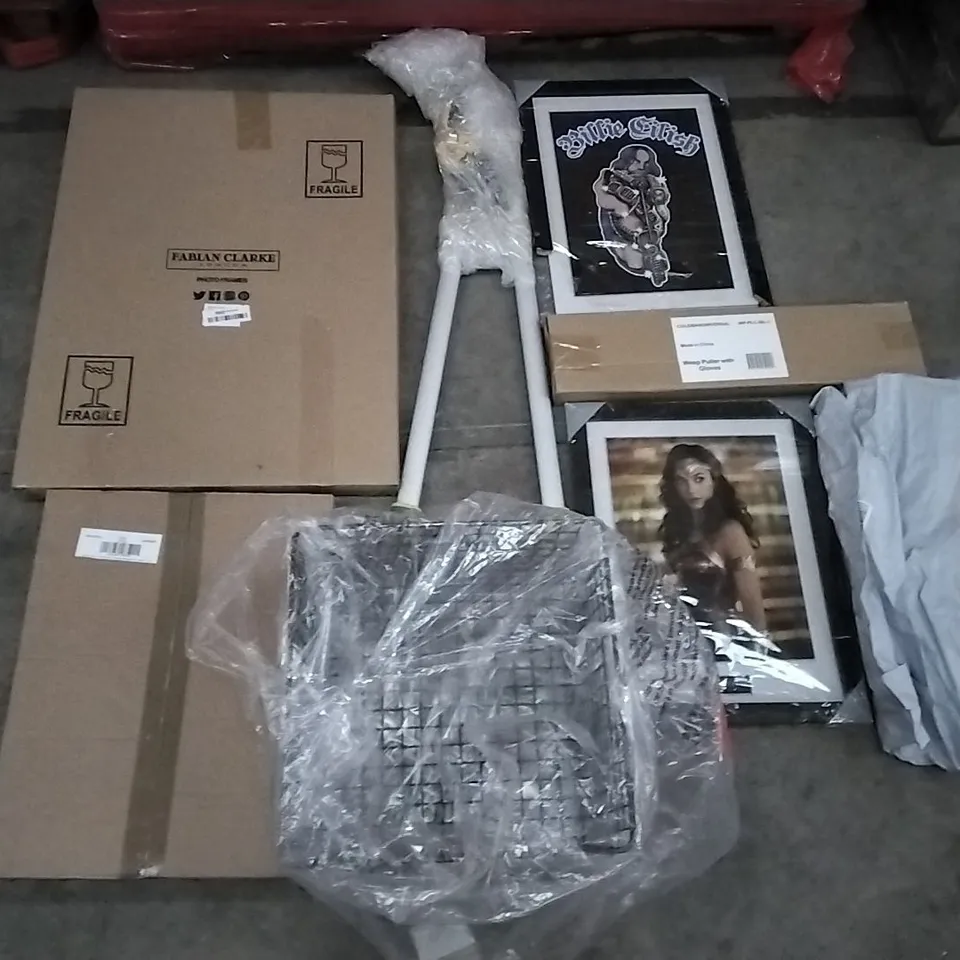 PALLET OF ASSORTED ITEMS INCLUDING FABIAN CLARKE PHOTO FRAMES, M DESIGN WIRE BASKET16"X12"X6", AIR COOLER, OYIMUA SOFT FLUFFY SHAGGY RUGS, POKEMON PIKACHU POSTER