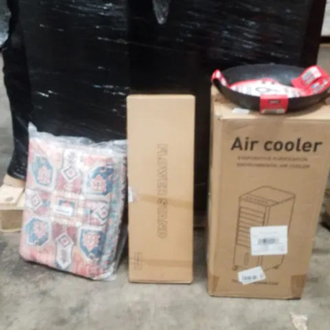 PALLET OF ASSORTED HOUSEHOLD GOODS AND PRODUCTS TO INCLUDE;AIR COOLER,NONSTICK PAN,RUGS,FLOWER STAND