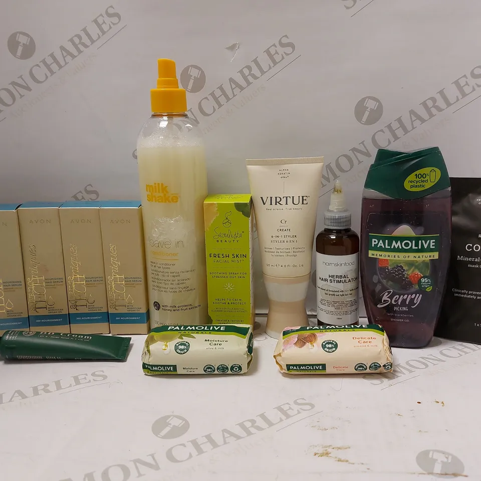 LOT OF APPROX 15 ASSORTED BEAUTY PRODUCTS TO INCLUDE AVON NOURISHING HAIR SERUM, VIRTUE STYLING CREAM, HAIRSKINFOOD HERBAL HAIR STIMULATOR, ETC 