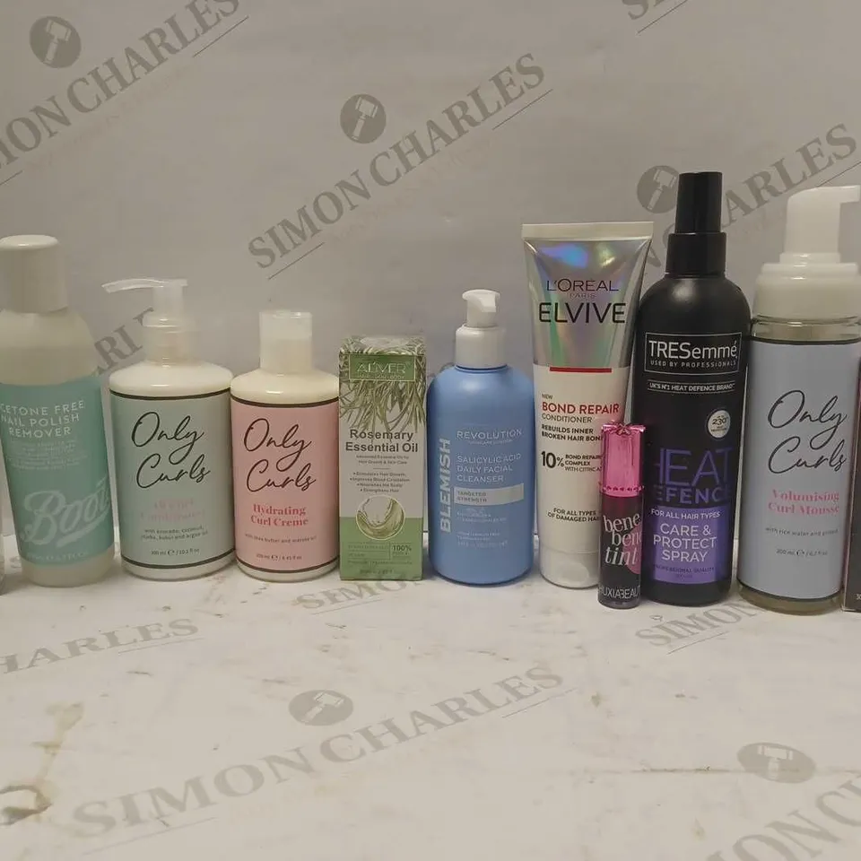LOT OF 12 ASSORTED BEAUTY PRODUCTS TO INCLUDE ONLY CURLS CONDITIONER, AL'LIVER ROSEMARY ESSENTIAL OIL, MARY KAY TIMEWISE MATTE FOUNDATION, ETC 