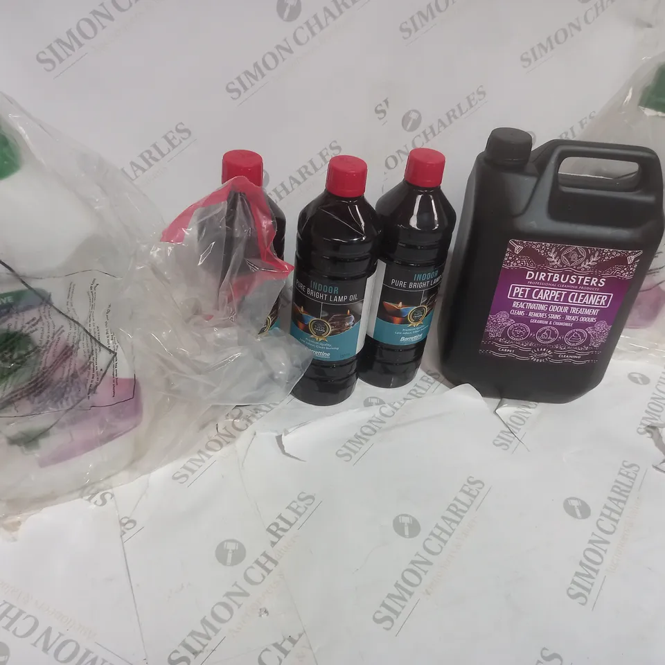 6 ASSORTED LIQUIDS TO INCLUDE A INDOOR PURE BRIGHT LAMP OIL AND A PET CARPET CLEANER - COLLECTION ONLY
