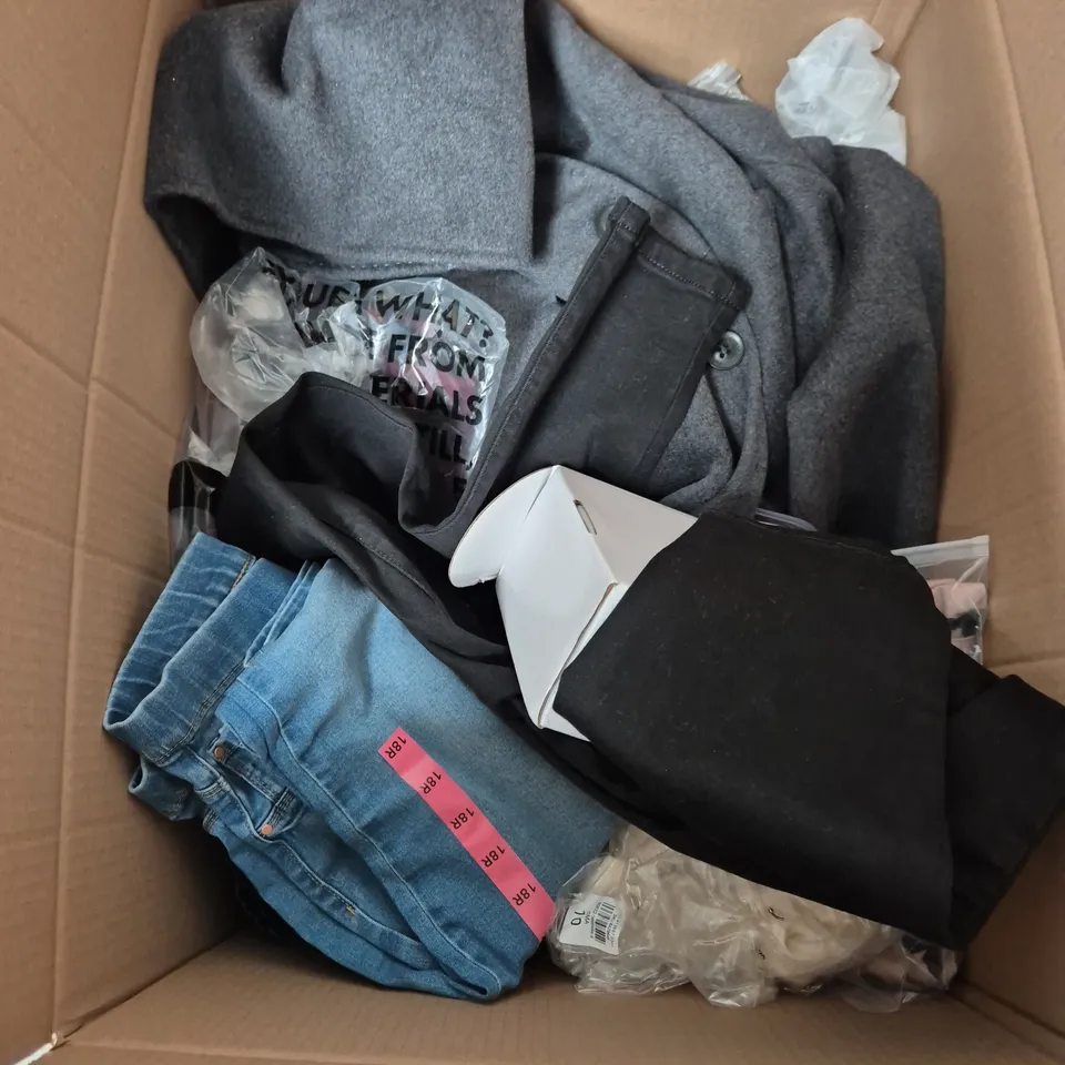 APPROXIMATELY 20 ASSORTED CLOTHING ITEMS IN VARIOUS SIZES AND STYLES TO INCLUDE - CARDIGAN, DRESS, SCARF, ETC