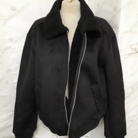 RIVER ISLAND LADIES SHEARLING COLLAR BOMBER JACKET - BLACK - SIZE LARGE 