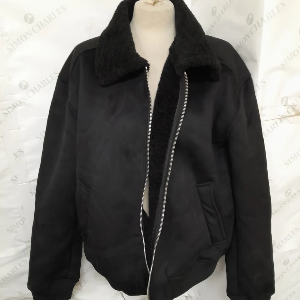 RIVER ISLAND LADIES SHEARLING COLLAR BOMBER JACKET - BLACK - SIZE LARGE 