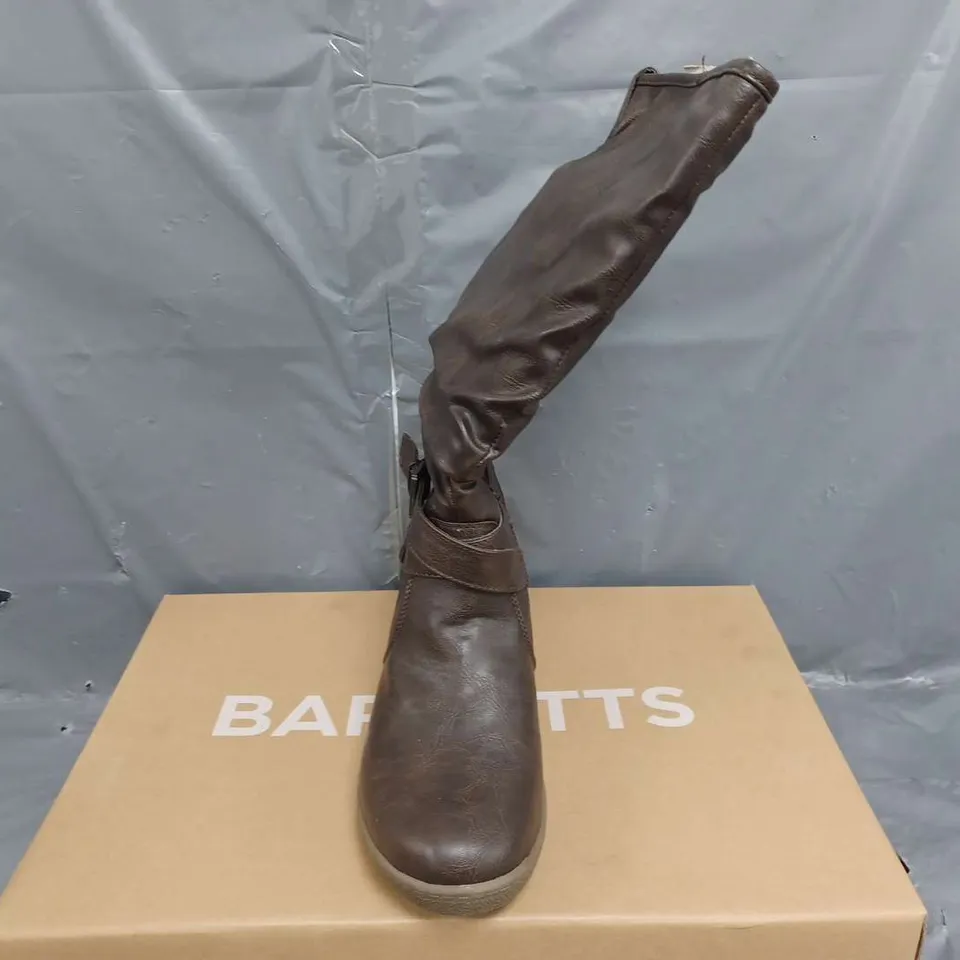 8 BOXED BARRATTS STRAP AND ROUCHE WEDGE HIGH LEG VIXEN BOOTS - SIZE 6