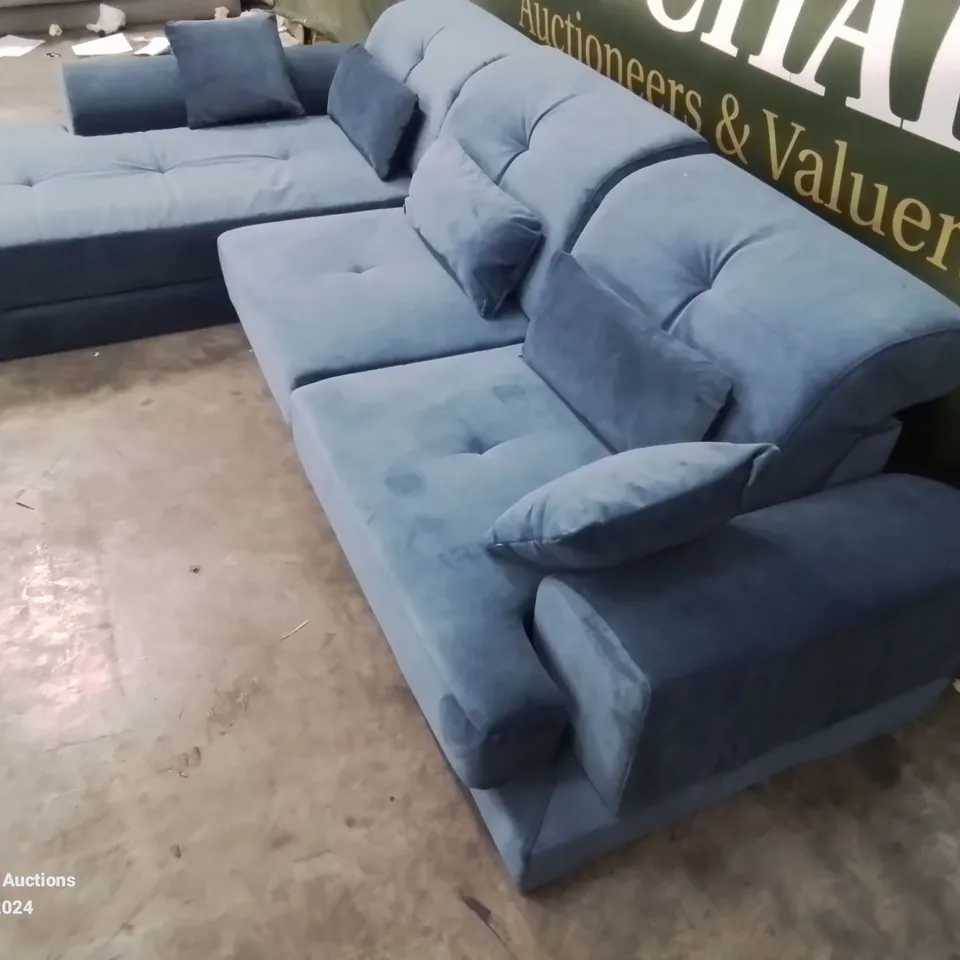 DESIGNER BLUE FABRIC LARGE CHAISE SOFA 