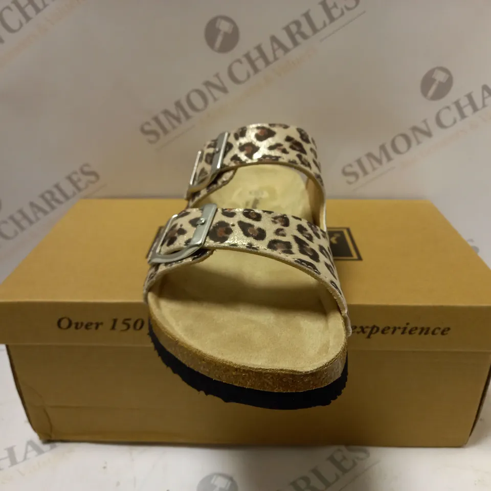 BOXED CUSHION WALK DOUBLE BUCKLE MULES, LEOPARD - SIZE 5 