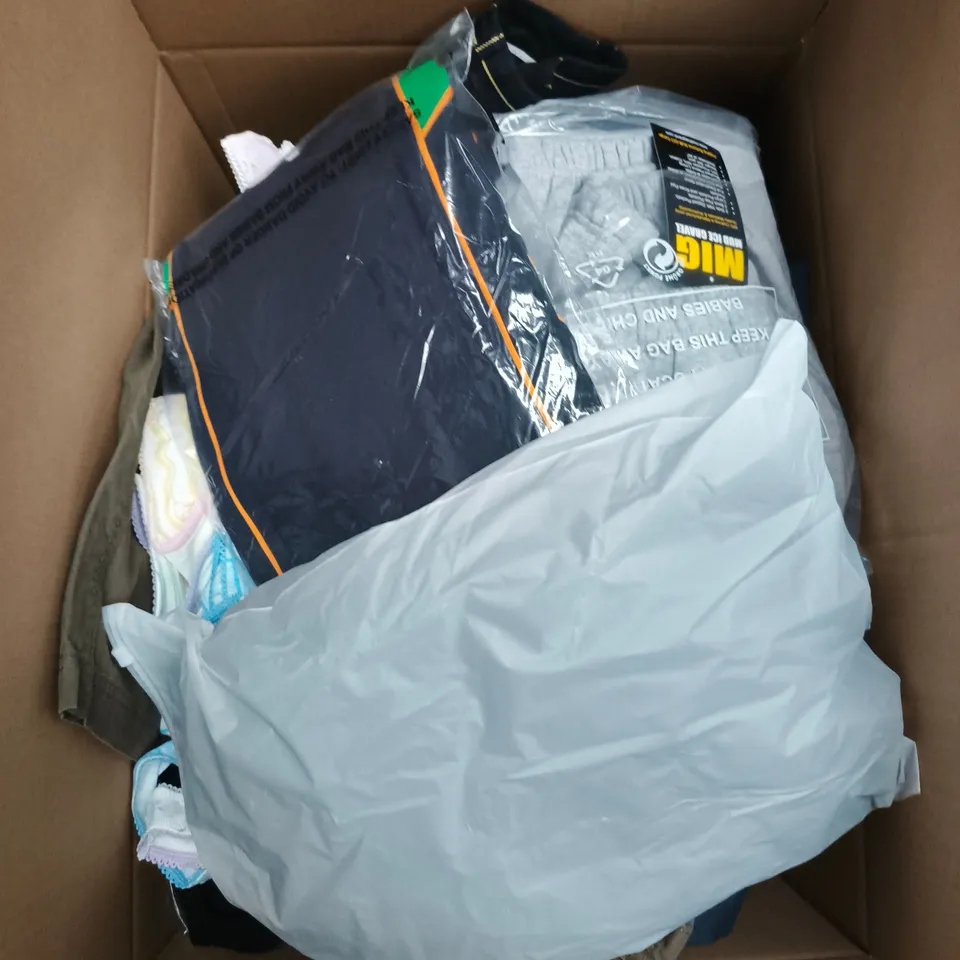 LARGE BOX OF APPROXIMATELY 25 ASSORTED CLOTHING ITEMS IN VARIOUS COLOURS, STYLES AND SIZES - COLLECTION ONLY