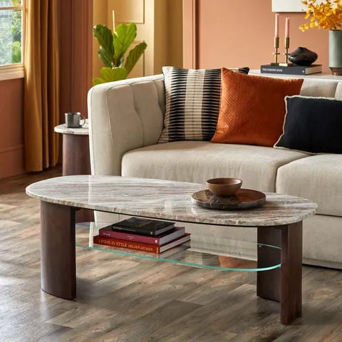 BOXED DANETTI ADALYNN MARBLE COFFEE TABLE WITH MANGO WOOD (2 BOXES)