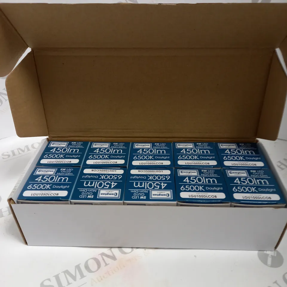 BOX TO CONTAIN 10 X CROMPTON 5W 240V LED GU10 NON-DIM 6500K DAYLIGHT BULBS - COLLECTION ONLY
