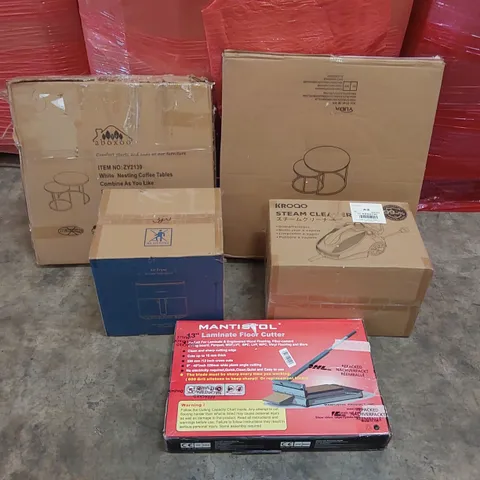 PALLET OF ASSORTED CONSUMER PRODUCTS TO INCLUDE: NESTING COFFEE TABLES, AIR FRYER, STEAM CLEANER, LAMINATE FLOOR CUTTER ECT