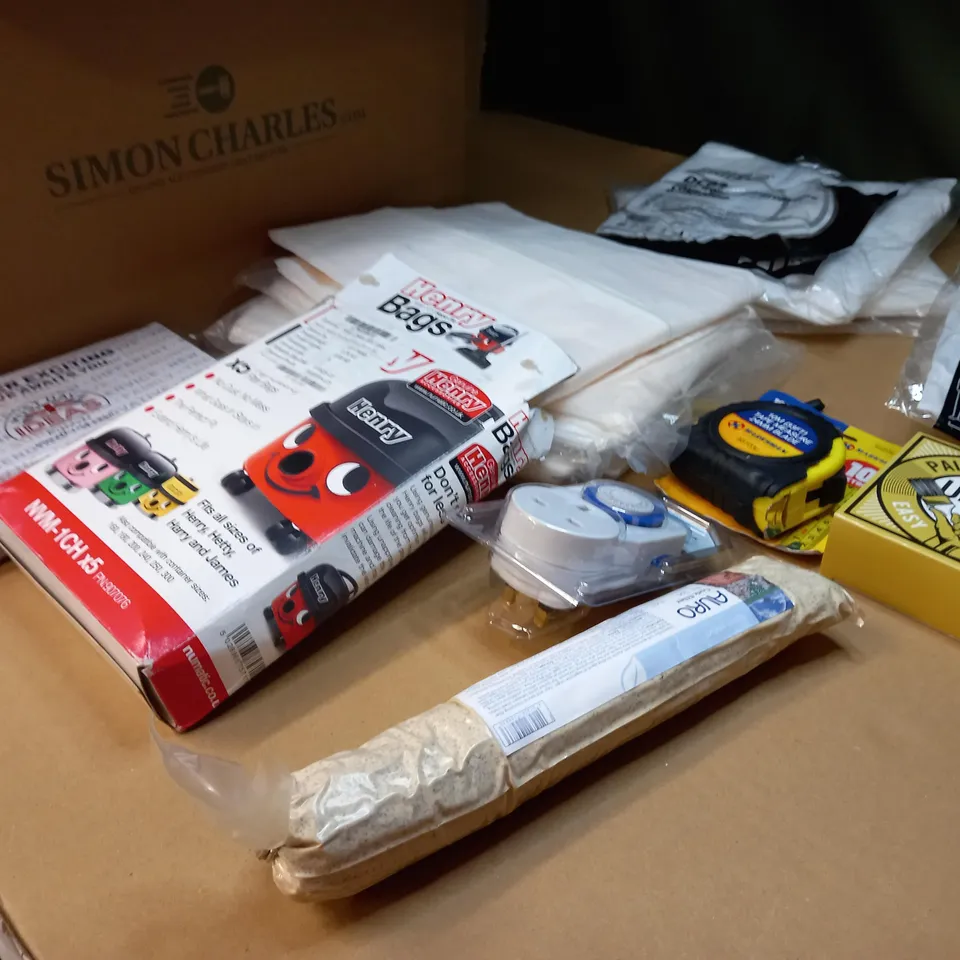 LOT OF APPROX 15 ASSORTED HOUSEHOLD/DIY RELATED ITEMS TO INCLUDE: PACKAGED COVERALLS, PAINTERS TAPE, HENERY HOOVER BAGS
