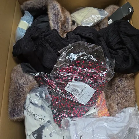 LARGE BOX OF ASSORTED CLOTHING ITEMS IN VARIOUS SIZES, STYLES AND COLOUR 