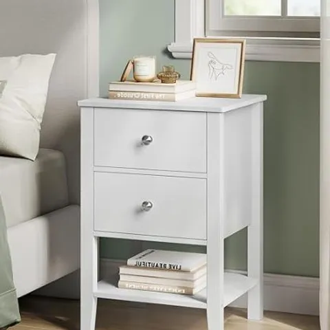 BOXED VASAGLE BAMBOO BEDSIDE TABLE  WITH 2 STORAGE DRAWERS AND OPEN SHELF  CLOUD WHITE LET822W01