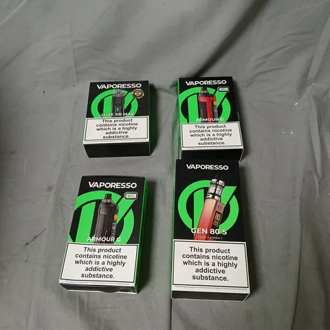 BOX OF ASSORTED VAPES INCLUDING VAPORESSO ARMOUR G X3 & GEN 80S E-CIGARETTE KITS