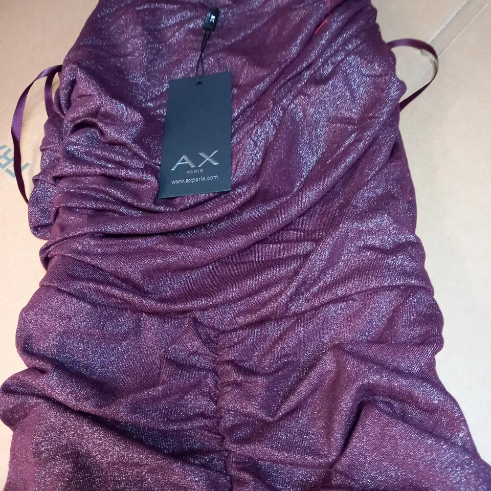 AX PARIS PLUM/GLITTER RUCHED FORM FITTING MIDI DRESS - SIZE 10