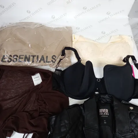 BOX OF APPROXIMATELY 25 ASSORTED CLOTHING ITEMS TO INCUDE - BRAS, JUMPERS , T-SHIRTS , TROUSERS,ECT