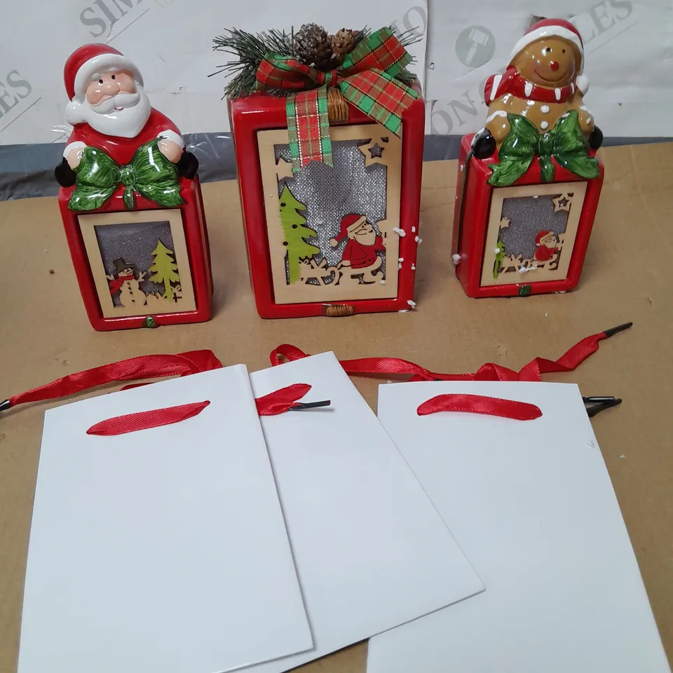 BOXED SET OF 3 CHRISTMAS PRE LIT CERAMIC ORNIMENTS