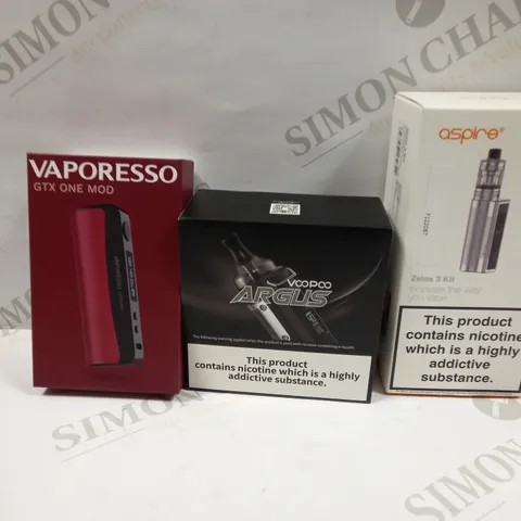 BOX OF APPROXMATELY 25 E-CIGARETTES AND LIQUIDS TO INCLUDE VOOPOO ARGUS, ASPIRE ZELOS 3 KIT, VAPORESSO, ETC