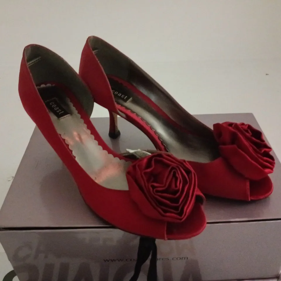 COAST CANDICE RED FABRICE RED SATIN SHOES UK 5 BOXED WITH PURSE