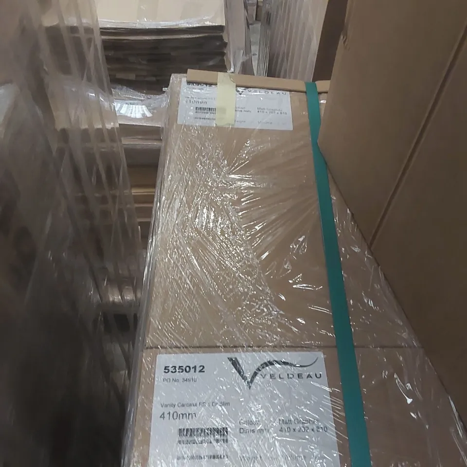 PALLET CONTAINING A LARGE QUANTITY OF ASSORTED BATHROOM FURNITURE PARTS INCLUDING: BRENTA WALL HUNG VANITY UNIT, VANITY CARCASSES ECT