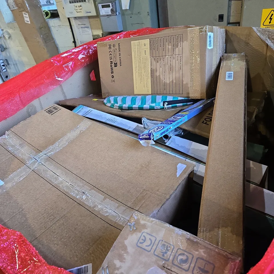 PALLET OF ASSORTED ITEMS TO INCLUDE BOXED FURNITURE , CHAIR MAT AND AIRE COOLER