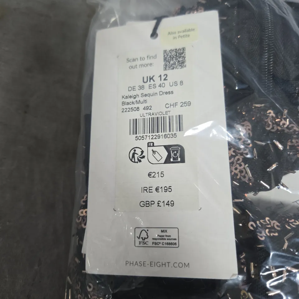 PHASE EIGHT SEQUIN MIDI DRESS BLACK/MULTI SIZE 12 BAGGED