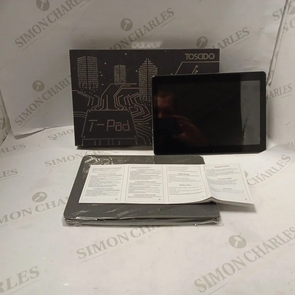 BOXED TOSCIDO TABLET WITH 10" SCREEN, CASE, POWER SUPPLY AND MANUAL.`