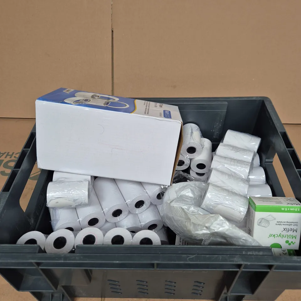 TOTE OF APPROXIMATELY 10 ASSORTED ITEMS INCLUDING RAPESCO TAPE, MOLNLYCKE MEFIX SELF-ADHESIVE FABRIC AND RECEIPT ROLL
