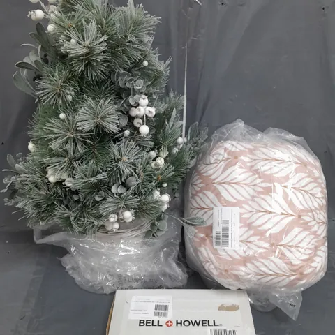 CAGE OF APPROXIMATELY 10 ASSORTED HOUSEHOLD ITEMS TO INCLUDE - BELL + HOWELL MULTI DEVICE USB CHARGING STATION - COZEE HOME FLANNEL 4 PIECE SHEET & PILLOWCASE - KELLY HOPPEN PRE-LIT GREENERY CHRISTMAS