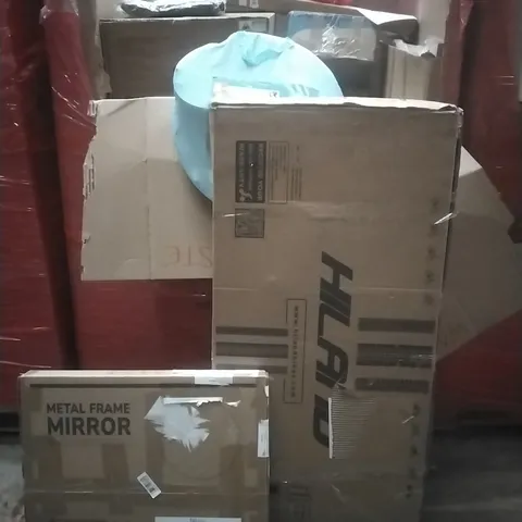 PALLET OF ASSORTED HOUSEHOLD GOODS AND PRODUCTS TO INCLUDE; A BIKE, MIRROR, TENT BOXED FURNITURE ETC