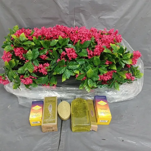 LARGE BOX OF ASSORTED ITEMS TO INCLUDE ARTIFICIAL FLOWERS AND L'OCCITANE
