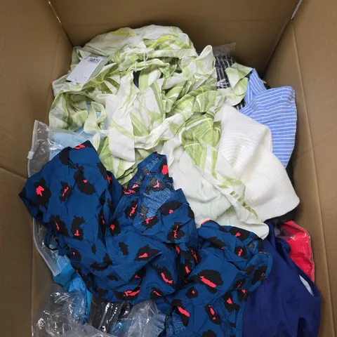 LARGE BOX OF APPROXIMATELY 20 ASSORTED CLOTHING ITEMS IN VARIOUS SIZES, STYLES AND COLOUR