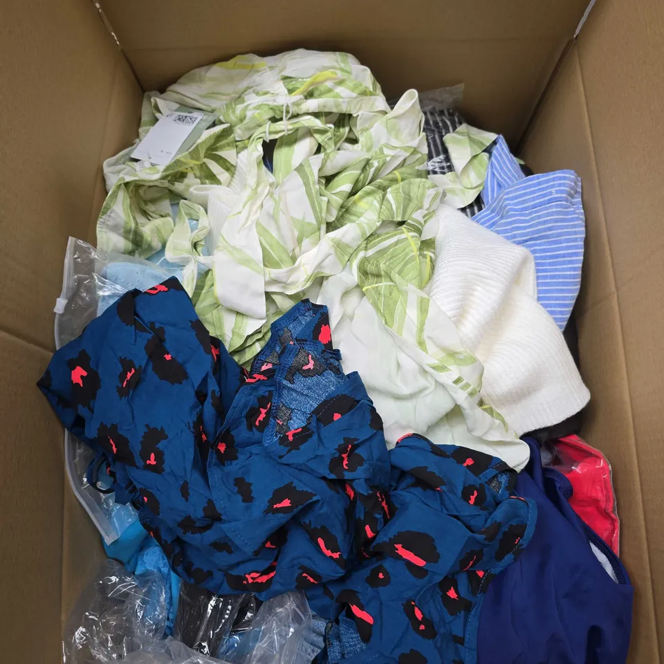 LARGE BOX OF APPROXIMATELY 20 ASSORTED CLOTHING ITEMS IN VARIOUS SIZES, STYLES AND COLOUR 