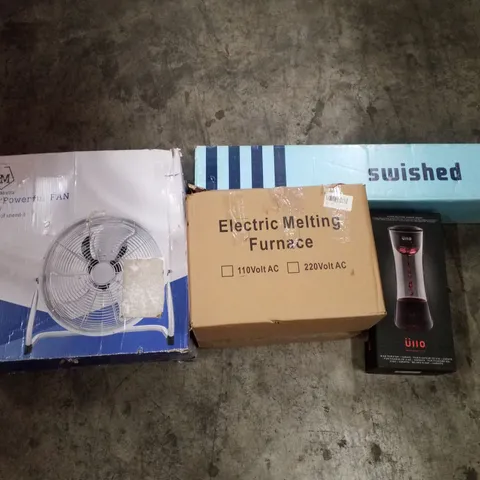 PALLET OF ASSORTED PRODUCTS INCLUDING ELECTRIC MELTING FURNACE, WINE PURIFIER, 18" FLOOR FAN, SWISHED TENT